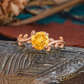 4 Prong Round Cut Citrine Nature Inspired Leaf Engagement Ring